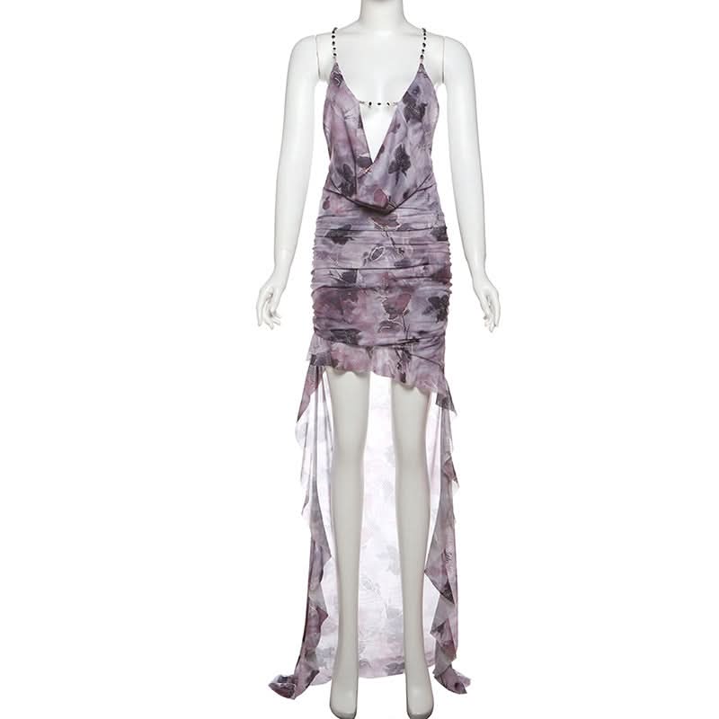 Cowl neck backless ruffle butterfly print mesh cami maxi dress