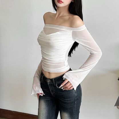 Long sleeve off shoulder mesh ruched top