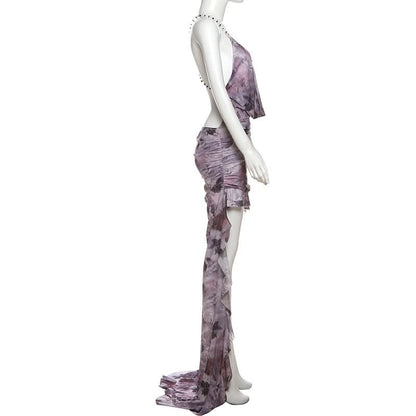 Cowl neck backless ruffle butterfly print mesh cami maxi dress