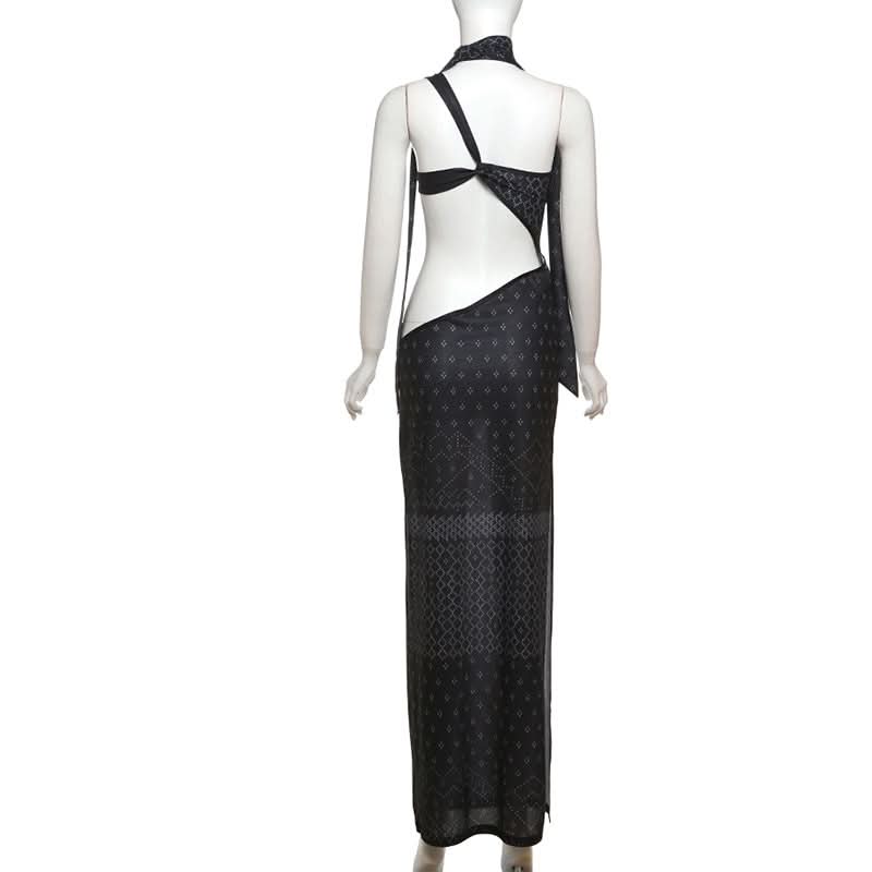 Halter hollow out high slit print cut out maxi dress