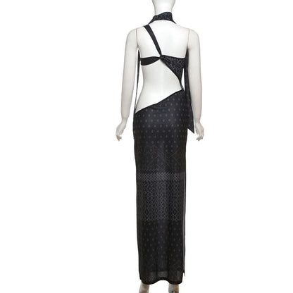 Halter hollow out high slit print cut out maxi dress