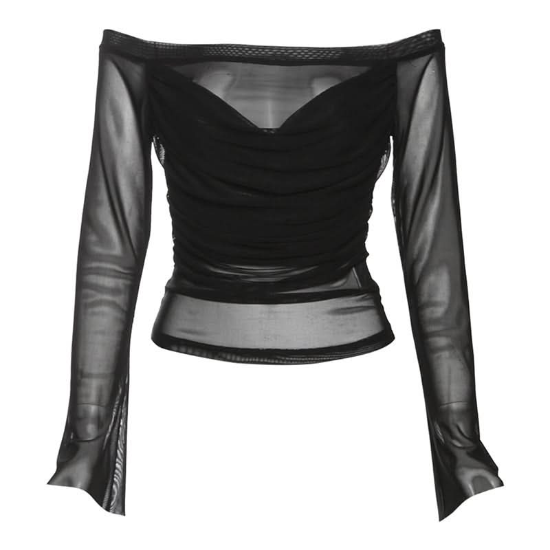 Long sleeve off shoulder mesh ruched top