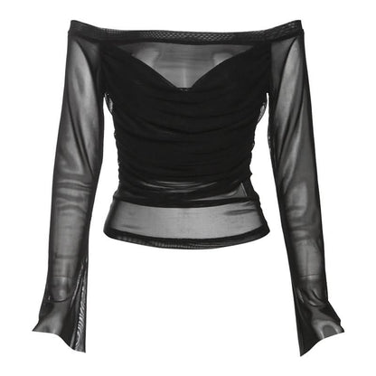 Long sleeve off shoulder mesh ruched top