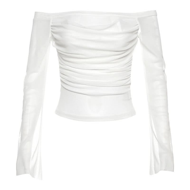 Long sleeve off shoulder mesh ruched top