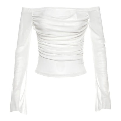 Long sleeve off shoulder mesh ruched top