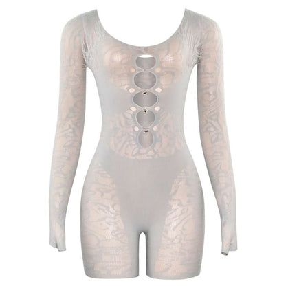 Long sleeve hollow out u neck gloves romper