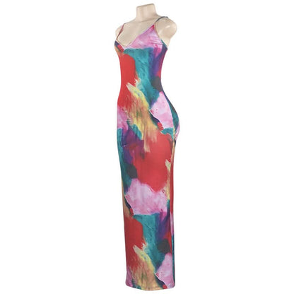 V neck ribbed print backless cami maxi dress