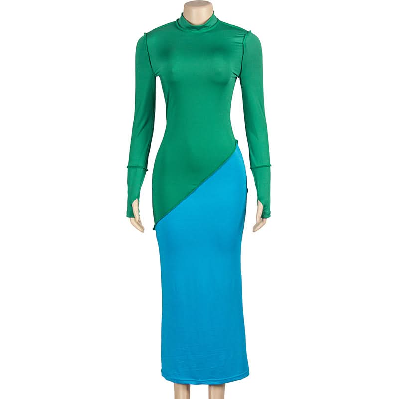 Long sleeve crewneck stitch contrast maxi dress