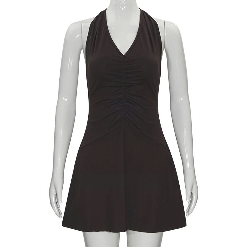 Halter self tie ruched deep V neck mini dress