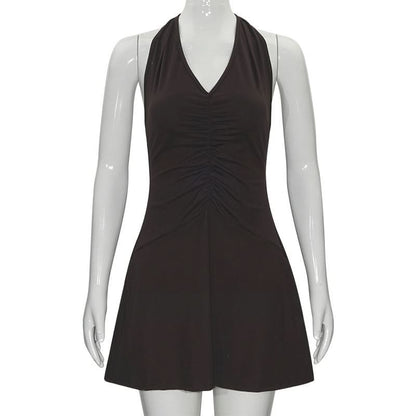 Halter self tie ruched deep V neck mini dress