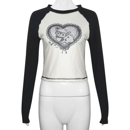 Crewneck long sleeve stitch heart pattern top