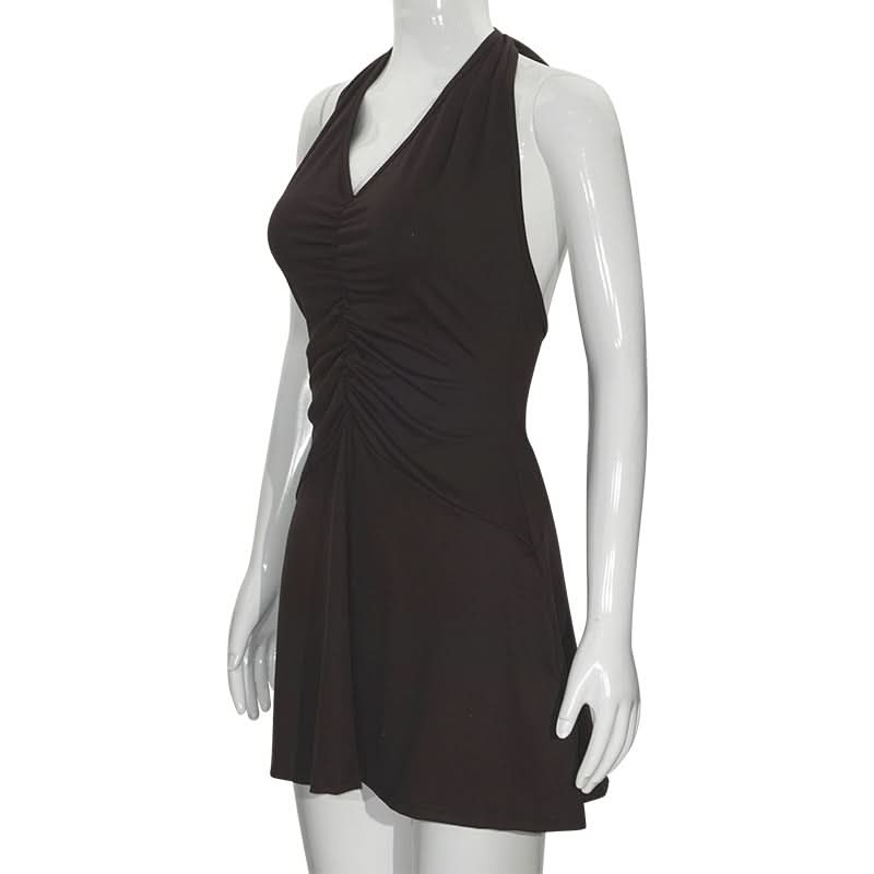 Halter self tie ruched deep V neck mini dress