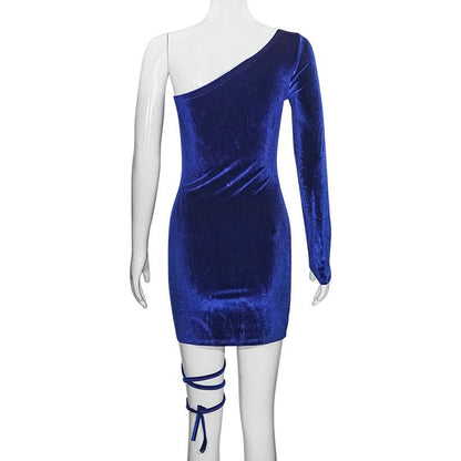 Irregular long sleeve self tie velvet one shoulder mini dress