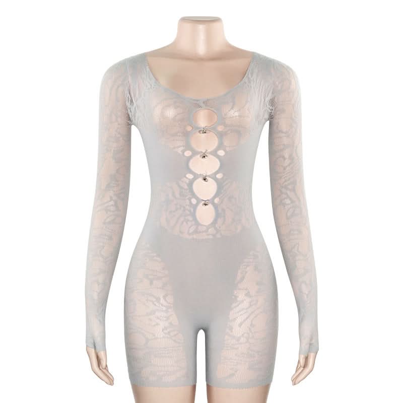 Long sleeve hollow out u neck gloves romper