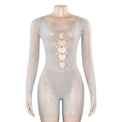 Long sleeve hollow out u neck gloves romper