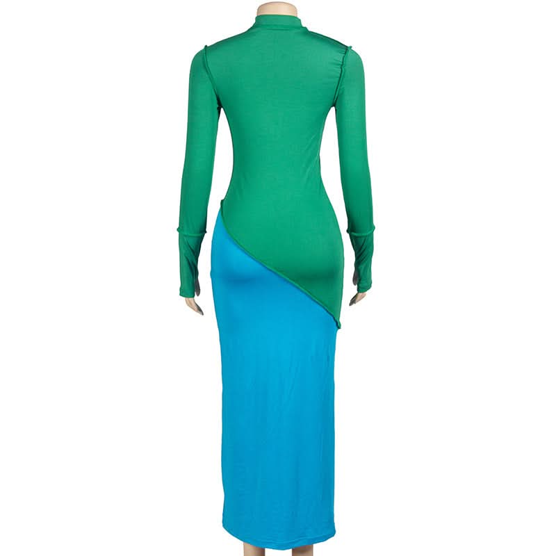 Long sleeve crewneck stitch contrast maxi dress