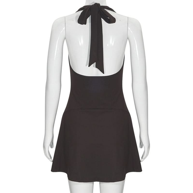 Halter self tie ruched deep V neck mini dress
