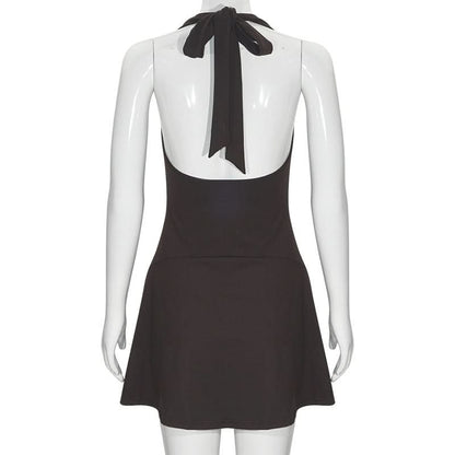 Halter self tie ruched deep V neck mini dress