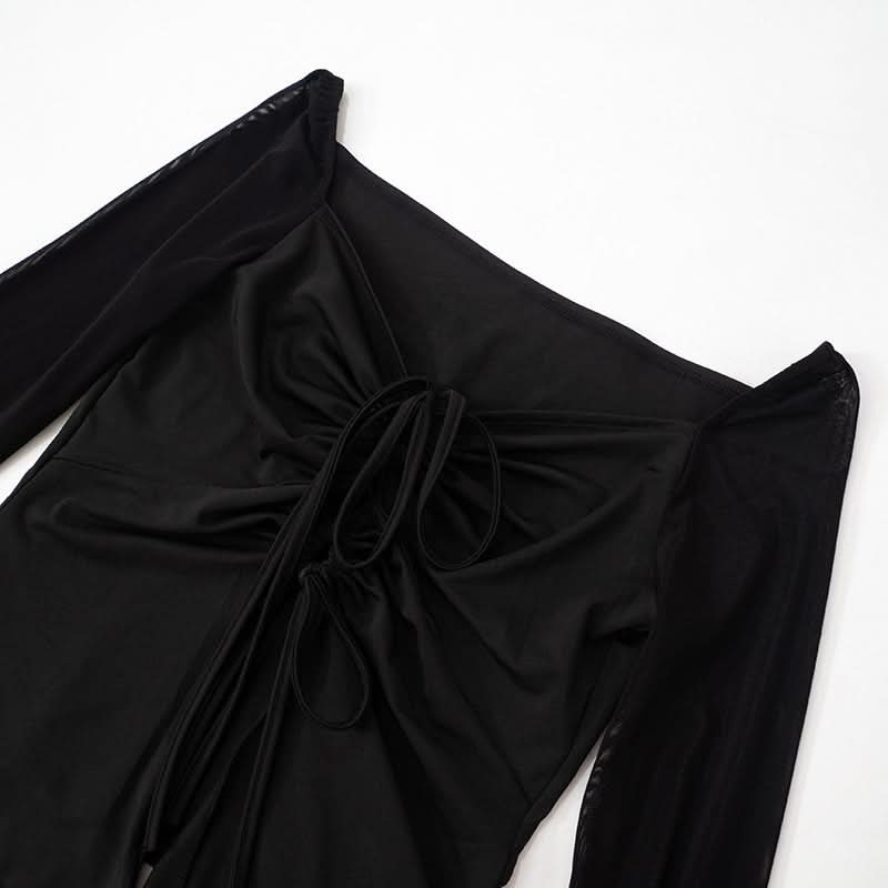 Off shoulder long sleeve ruched slit mesh top