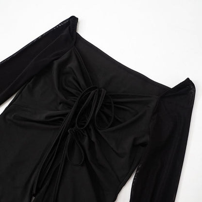Off shoulder long sleeve ruched slit mesh top