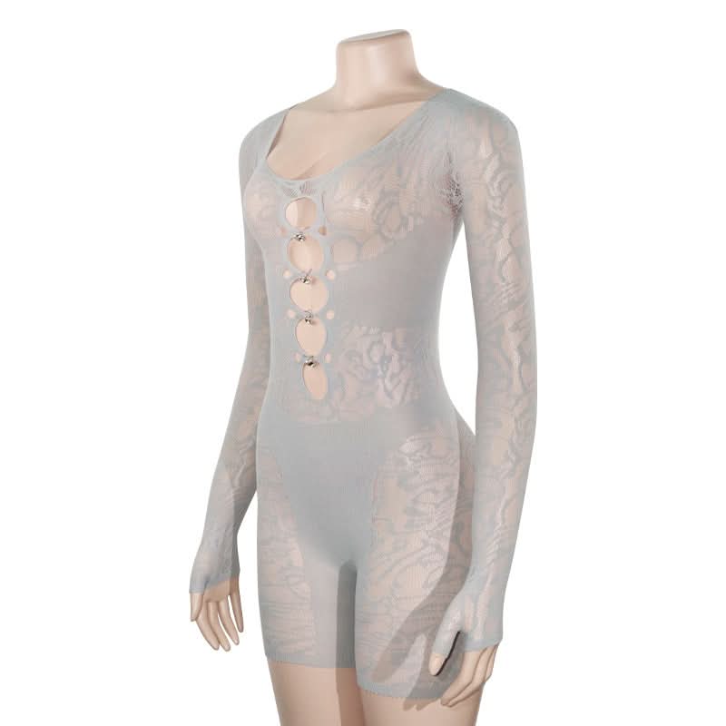 Long sleeve hollow out u neck gloves romper