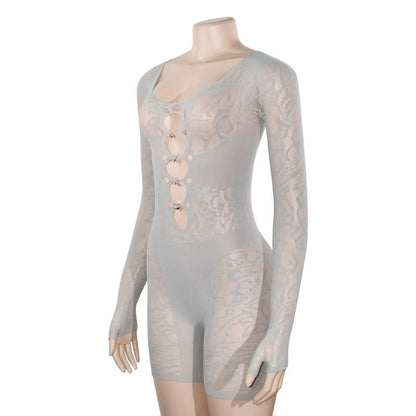 Long sleeve hollow out u neck gloves romper