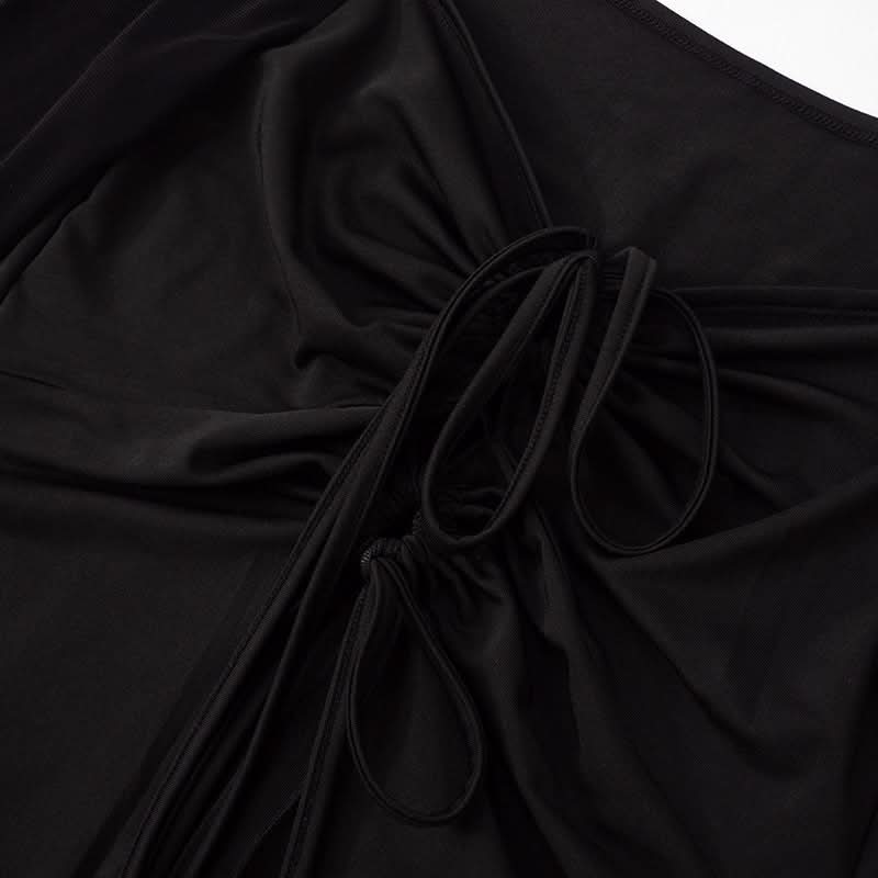 Off shoulder long sleeve ruched slit mesh top