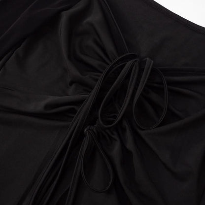 Off shoulder long sleeve ruched slit mesh top
