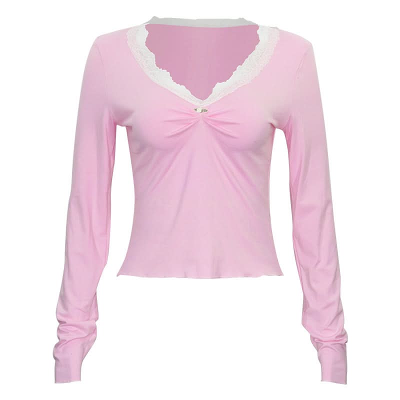 Lace hem long sleeve v neck ruched top