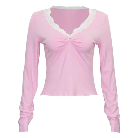 Lace hem long sleeve v neck ruched top