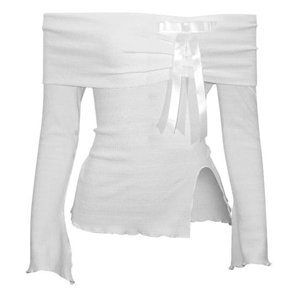 Slit long sleeve off shoulder bowknot textured top