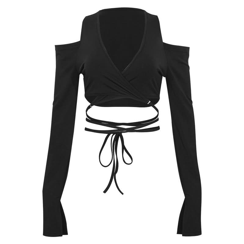Long sleeve slit v neck off shoulder self tie crop top