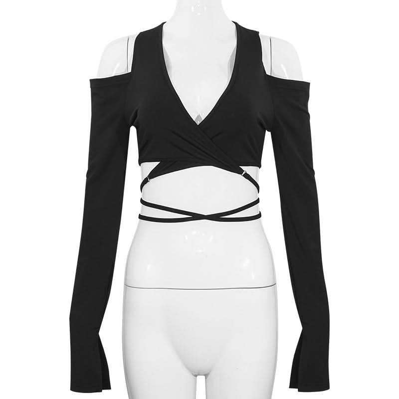 Long sleeve slit v neck off shoulder self tie crop top