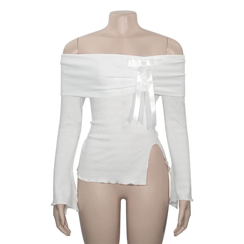 Slit long sleeve off shoulder bowknot textured top