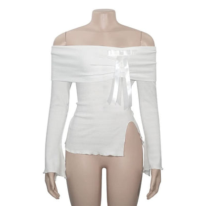 Slit long sleeve off shoulder bowknot textured top