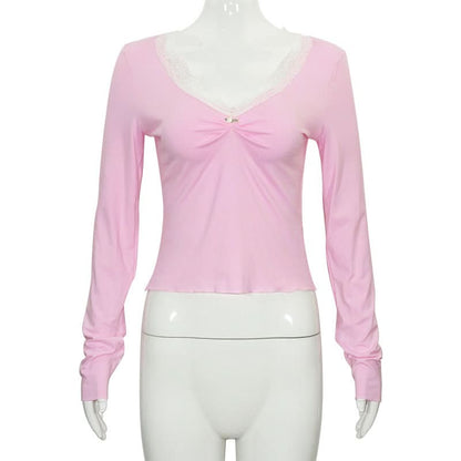Lace hem long sleeve v neck ruched top