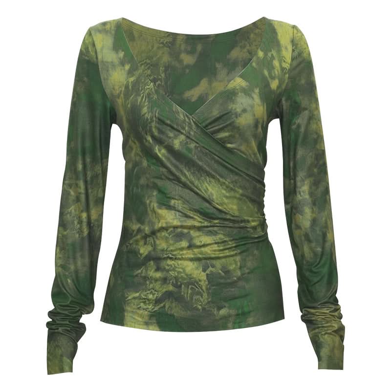 Long sleeve ruched v neck print contrast top