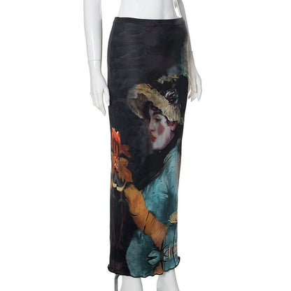 Ruffle character print contrast maxi skirt