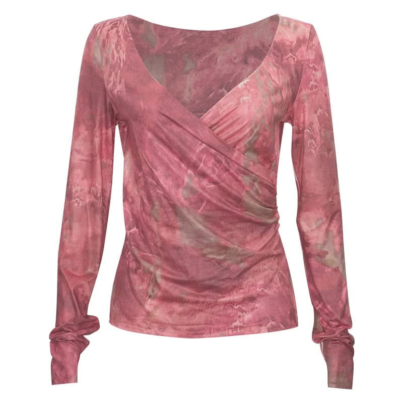 Long sleeve ruched v neck print contrast top