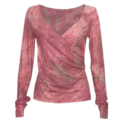 Long sleeve ruched v neck print contrast top
