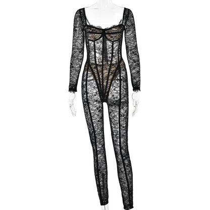 Long sleeve lace see through v neck zip-up jumpsuit