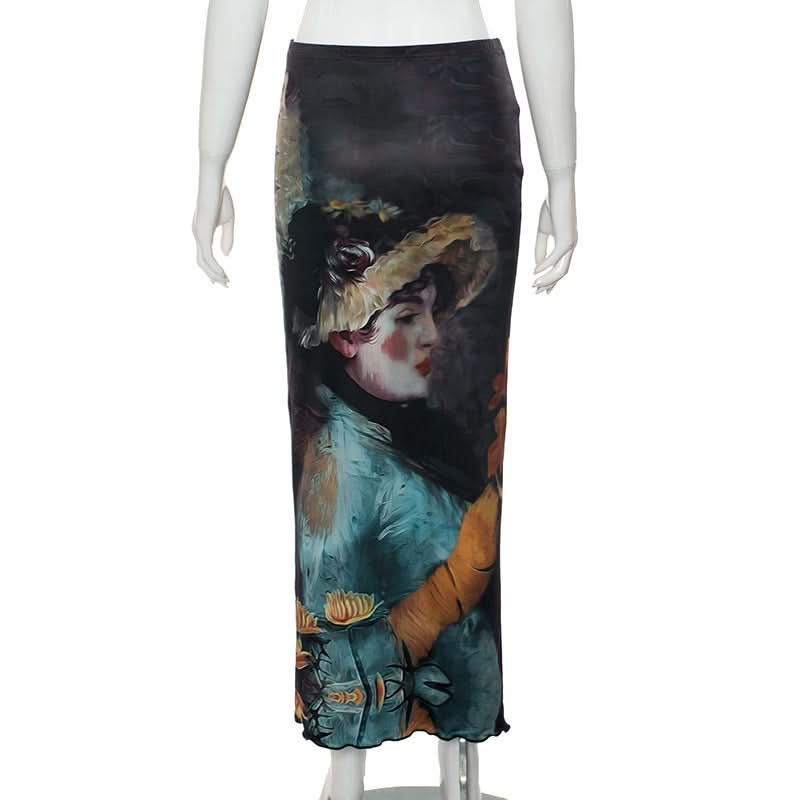 Ruffle character print contrast maxi skirt