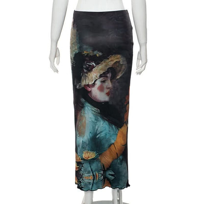 Ruffle character print contrast maxi skirt
