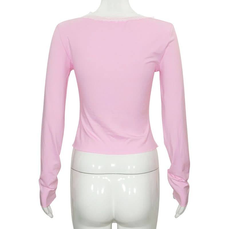 Lace hem long sleeve v neck ruched top
