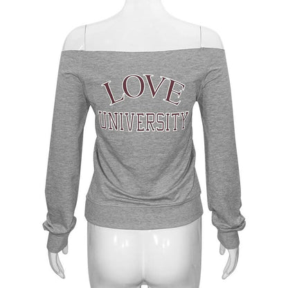 Long sleeve off shoulder letter pattern top
