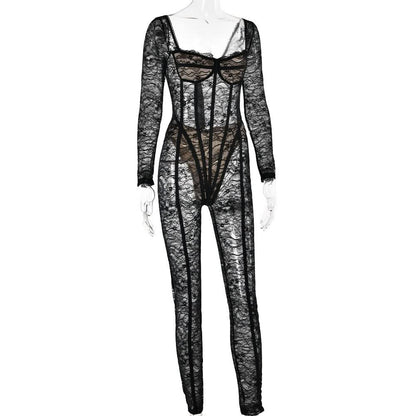 Long sleeve lace see through v neck zip-up jumpsuit