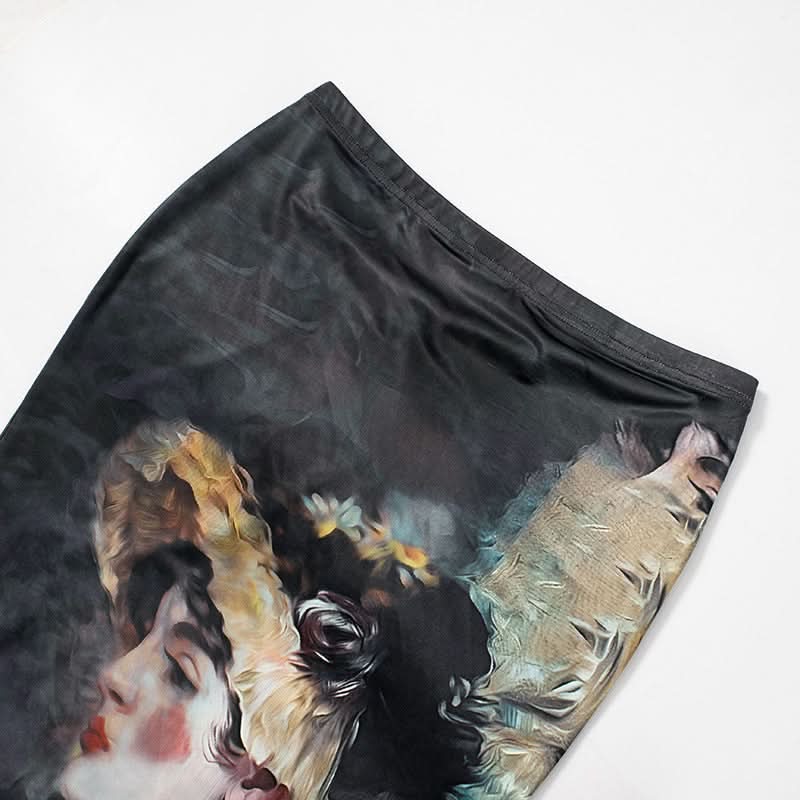 Ruffle character print contrast maxi skirt