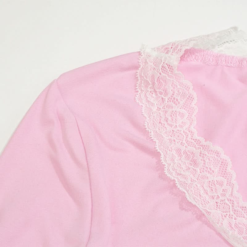 Lace hem long sleeve v neck ruched top
