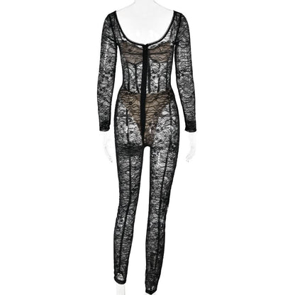 Long sleeve lace see through v neck zip-up jumpsuit