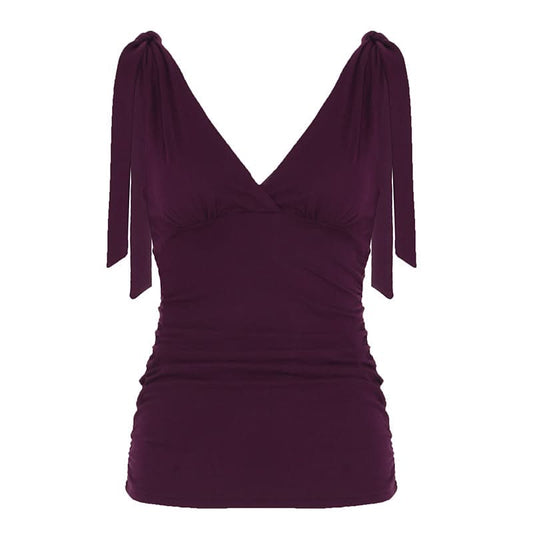 Ruched deep V neck solid self tie tank top